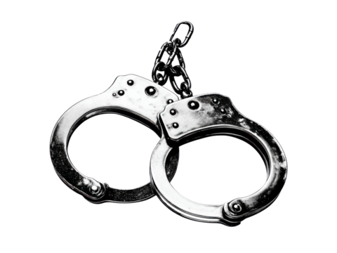 Metallic handcuffs linked by chain against black background silver, Isolated, Png Transparent Background - Powered by Adobe