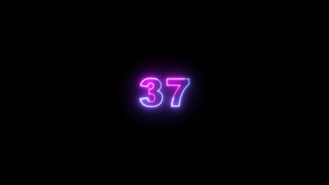 Abstract 37 text neon number animation on the black background. Glowing neon 37 number mathematics count text animation.