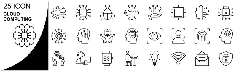 Set of line icons related to Cloud Computing. Outline icon collection. Editable stroke. Vector illustration