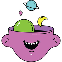 Whimsical Cartoon Brain Illustration with Celestial Elements and Playful Expression Against Transparent Background