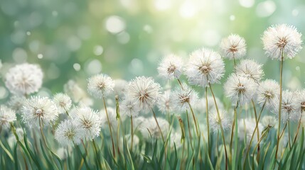 Close Up Of Dandelion Seed Heads In Lush Green Field Under Sunny Sky With Bokeh Effect