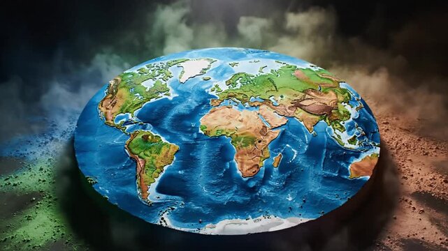 Flat Earth Map Relief Emerging from Colorful Powder Smoke Environmental Concept