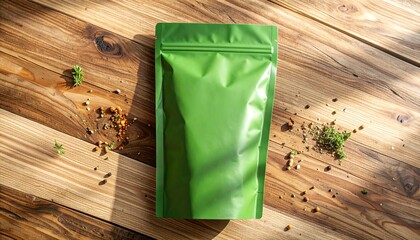 Green resealable pouch bag with scattered cannabis buds and seeds on a wooden surface