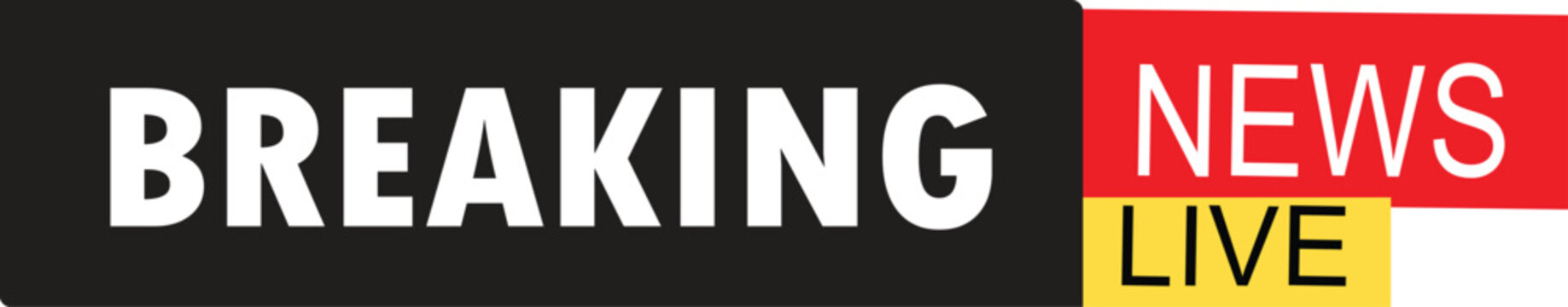 A graphic displaying 'BREAKING NEWS LIVE' in bold white and black text on contrasting black, red, and yellow backgrounds, indicating urgent live broadcast information.