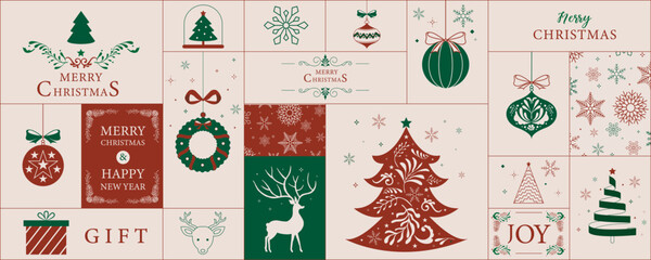Merry christmas geometric red green background with art deco line design