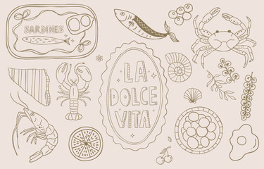 Vintage line sardines, lobster on plate, fruit bowl collection set in retro cartoon vector illustration style for summer party fashion design © piixypeach