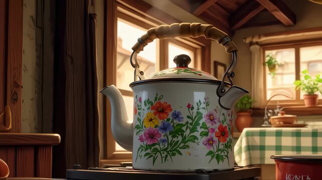 Charming Kitchen Scene with Steaming Kettle and Rustic Details for Comfort