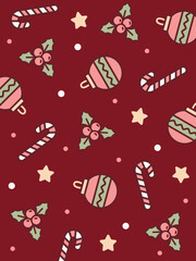 Seamless pattern of Christmas baubles, holly leaves, candy canes, and stars on red maroon background. Perfect for elegant holiday decor, stylish wrapping papers, and festive branding.