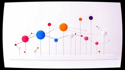 A collection of colorful spheres of varying sizes are connected by thin, black lines, creating an abstract representation of data or a network.