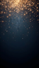 Golden sparkling lights falling over a deep dark background creating a magical festive atmosphere.
