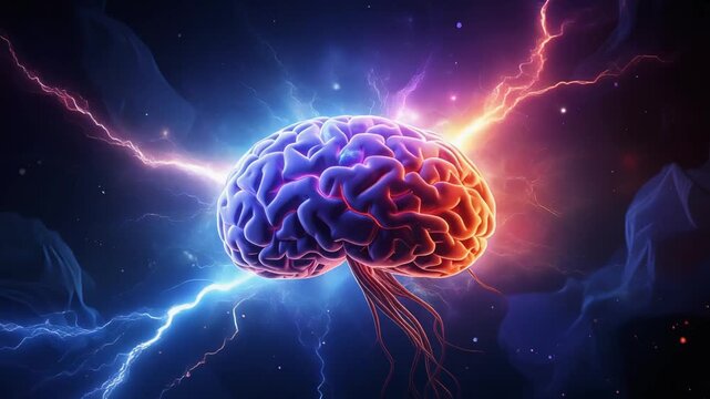 Human Brain with Vibrant Lightning Concept on Dark Background