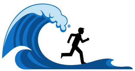 Fototapeta premium Tsunami warning icon. Natural disaster evacuation symbol: silhouette of person running from big wave.