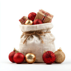 Overflowing Gift Bag with Christmas Ornaments and Presents Isolated on White