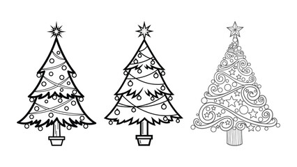 Three hand drawn christmas trees with ornaments and stars