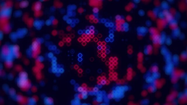 Blue and red flickering dots on dark background Hi tech animation motion design. 