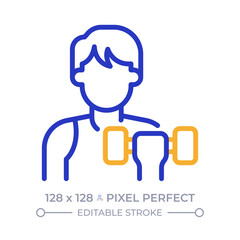 Personal trainer pixel perfect two color line icon. Sportsman exercising with dumbbell. Healthy lifestyle. Gym bicolor outline symbol. Duotone linear pictogram. Isolated illustration. Editable stroke