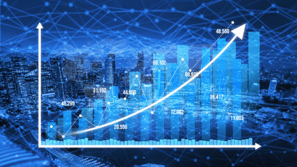 Visual representation of financial growth trends featuring a bar chart with upward movement set against a modern cityscape, symbolizing success through data analysis. Tessel