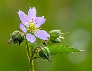Delicate close-up of a pale purple flower with yellow center and green buds, bokeh background