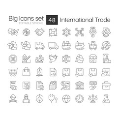 International trade line icons set. Transportation fleet management. Tax control. Shipment organization. Isolated vector outline illustrations. Thin lineart iconset symbols. Editable stroke