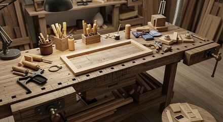 Artisan Woodworking Workbench with Traditional Hand Tools and In Progress Craft Project