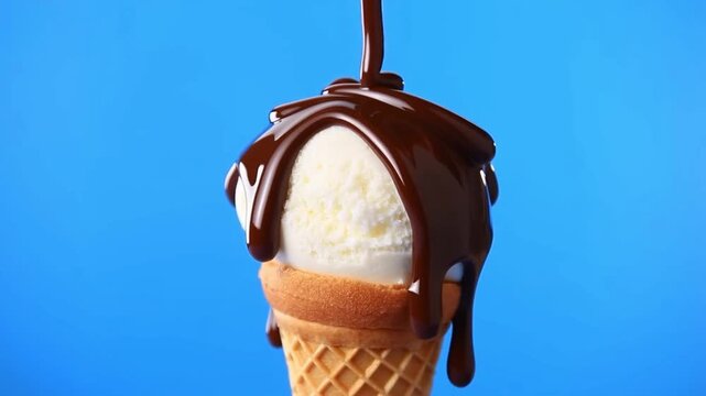 Vanilla ice cream cone being drizzled with rich chocolate Stock Video