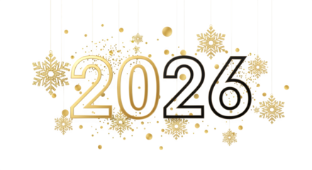 Golden 2026 new year celebration with snowflakes and confetti