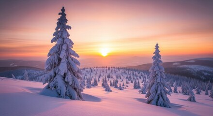 Snowy winter landscape with snow covered pine trees during sunset with orange and pink sky