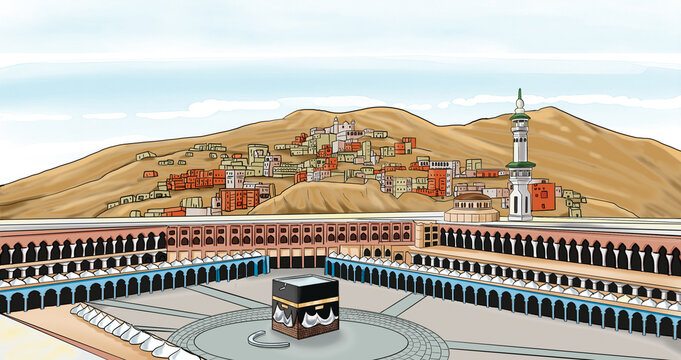 Cartoon vector of the Kaaba with historic Makkah city and desert mountains in the background at morning
