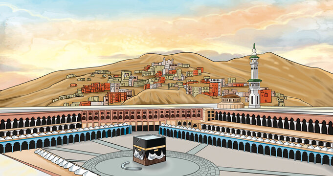 Vector artwork of the Kaaba surrounded by the Holy Mosque and traditional Makkah hillside homes.