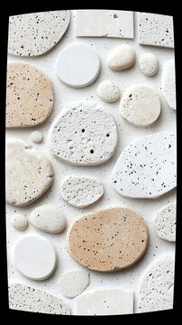 A collection of irregular, circular, and rectangular stone and concrete pieces with speckled textures are arranged on a textured white surface.
