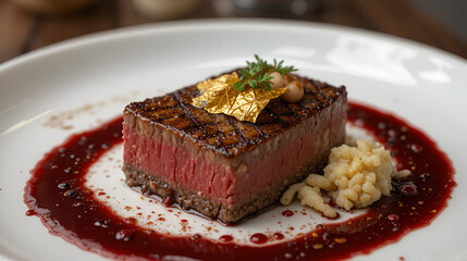 Luxury wagyu beef steak medium rare with edible gold leaf garnish red wine sauce and artistic gourmet plating