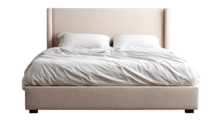 Woven rattan headboard and bed frame with white linens on transparent background