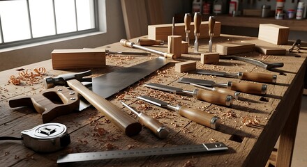 Classic Woodworking Tools Scattered on a Rustic Workbench with Wood Shavings