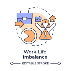 Work life imbalance multi color concept icon. Overwhelming job. Cause of voluntary employee turnover. Round shape line illustration. Abstract idea. Graphic design. Easy to use in promotional material,