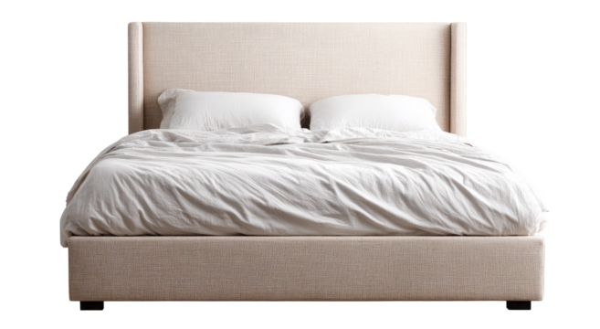 Woven rattan headboard and bed frame with white linens on transparent background