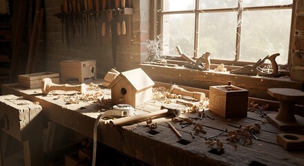 Rustic Woodworking Shop with Sunlight Streaming Through Old Window