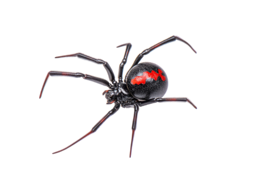 Detailed black widow spider with distinct red markings on transparent background