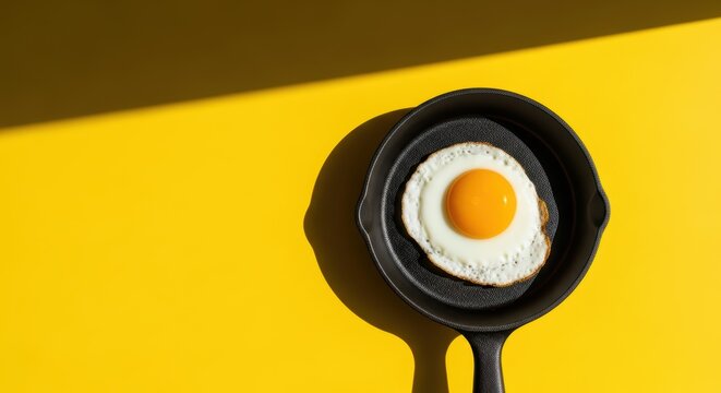 Fried egg in cast iron skillet on vibrant yellow background