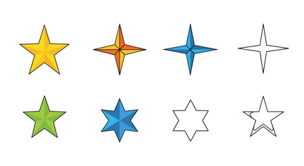 Obraz premium A vibrant collection of diverse star shapes, including four-pointed and six-pointed designs, presented as versatile graphic elements for creative projects.