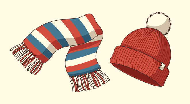 This charming illustration features a cozy, vibrantly striped scarf alongside a warm red knit beanie with a fluffy pom-pom, ideal for cold weather comfort.