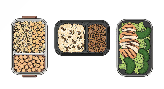 Collection of diverse healthy meal prep containers featuring balanced and nutritious dishes with grilled chicken, fresh vegetables, and grains, perfect for convenient daily eating