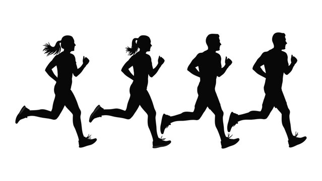 Silhouettes of a diverse group of people running together in unison