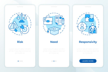 Risk need responsivity model blue onboarding mobile app screen. Walkthrough 3 steps editable graphic instructions with linear concepts. UI, UX, GUI. Montserrat SemiBold, Regular fonts used