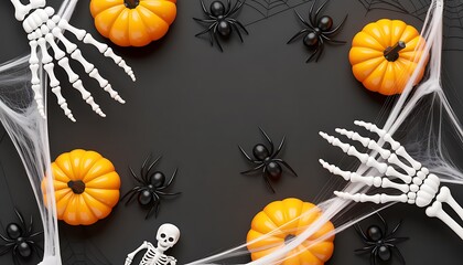 Orange Pumpkins Black Spiders Arranged Skeleton