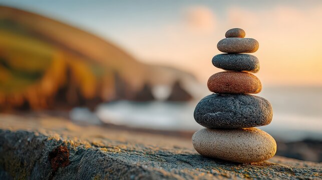 Stack of Stones on Cliff Edge Overlooking Ocean at Sunset with Warm Light and Hazy Background in Coastal Landscape