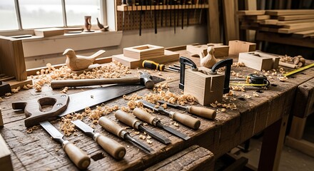 Artisan Woodworking Bench with Tools and Wood Shavings in Sunlight
