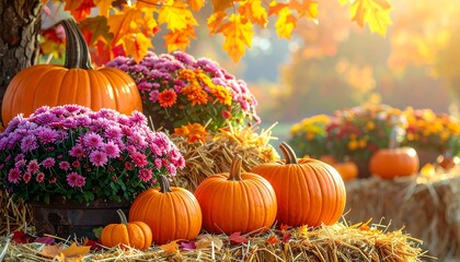 Autumn Harvest - Pumpkins and Mums in a Festive Display.