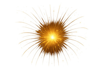 Golden glittering light explosion or burst effect with sparks and starburst rays on transparent background, energy shining bright