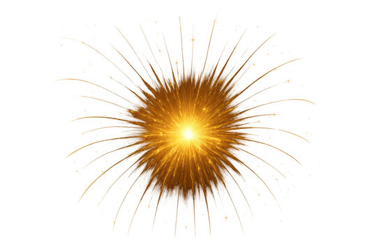 Golden glittering light explosion or burst effect with sparks and starburst rays on transparent background, energy shining bright
