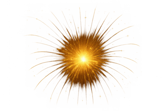 Golden glittering light explosion or burst effect with sparks and starburst rays on transparent background, energy shining bright